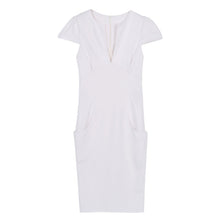 Sexy Fashion Women Pencil Dress Sleeve Puff Plunge V-Neck Pocket Slim Bodycon Midi Office Dress OL Women Work Party Wear J4U66