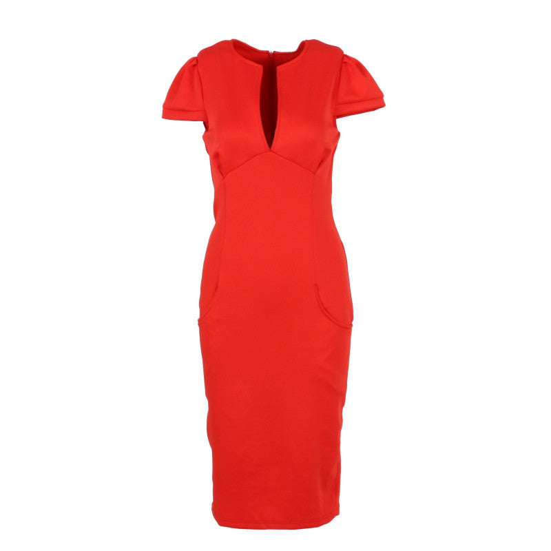 Sexy Fashion Women Pencil Dress Sleeve Puff Plunge V-Neck Pocket Slim Bodycon Midi Office Dress OL Women Work Party Wear J4U66