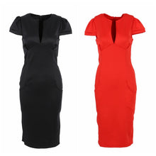 Sexy Fashion Women Pencil Dress Sleeve Puff Plunge V-Neck Pocket Slim Bodycon Midi Office Dress OL Women Work Party Wear J4U66