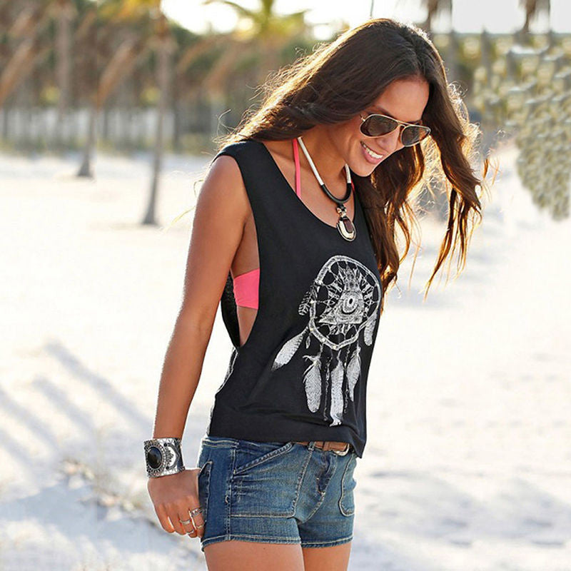 Sexy Hollow Out Tank Tops S-XL Black Dream Catcher Print Tanks For Women Vest Top Sleeveless Shirt Blouse J4U66