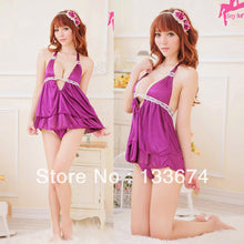 sexy purple halter v neck lingerie sleepwear handsome backless skirt g-string set J4U66