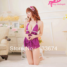 sexy purple halter v neck lingerie sleepwear handsome backless skirt g-string set J4U66