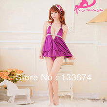 sexy purple halter v neck lingerie sleepwear handsome backless skirt g-string set J4U66