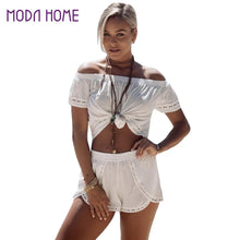 sexy jumpsuit women two piece set off shoulder short sleeve crop top shorts hollow out solid bodysuits overalls white J4U66