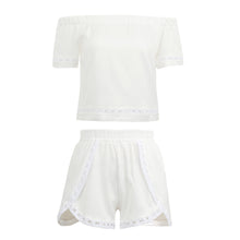 sexy jumpsuit women two piece set off shoulder short sleeve crop top shorts hollow out solid bodysuits overalls white J4U66