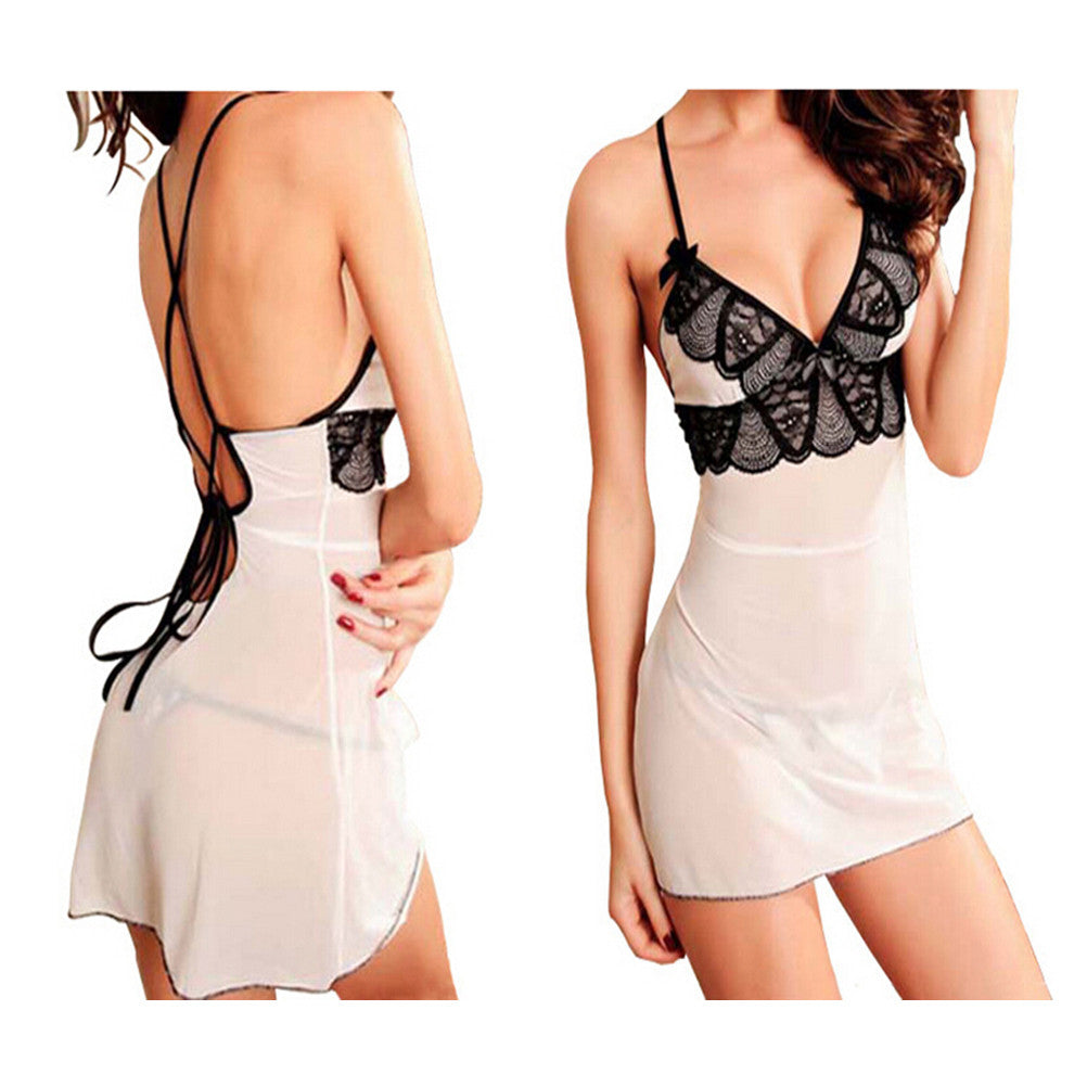 Sexy Lace Robe Dress Sleepwear Lingerie Nightdress Nightgown with G-string J4U66