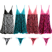 sexy lingerie babydoll dress women nightwear print lace sheer mesh spaghetti strap backless sleepwear nightgown with g-string J4U66
