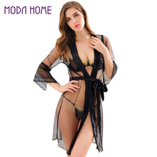 sexy lingerie set women costume sheer kimono sleepwear women lace crochet g-string belted babydoll nightwear black suit J4U66