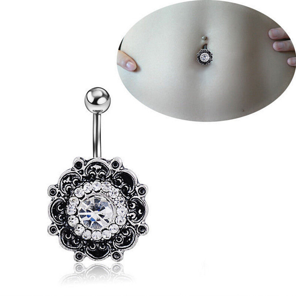 Sexy Retro Flower Crystal Navel Belly Button Ring Bar Body Piercing Jewelry J4U66