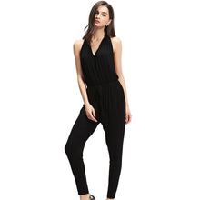 sexy rompers women jumpsuit halter neck backless sleeveless overalls for women pockets elastic waist long pants playsuit black J4U66