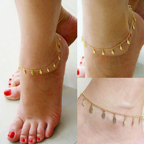 Sexy Simple Gold Anklet Ankle Bracelet Leaf Foot Chain Adjustable Women Jewelry J4U66