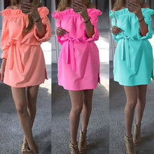 Sexy Beach Chiffon Belt Sashes Dress Candy Colors Slash Neck Long sleeve Woman Night Club Party Dresses Vestidos Robes J4U66