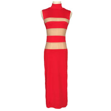 sexy dresses for women sheer mesh stripes stand collar sleeveless mid alf dress bodycon dress plus size red J4U66