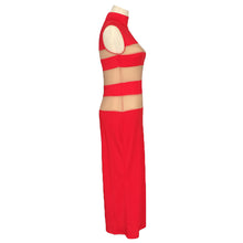 sexy dresses for women sheer mesh stripes stand collar sleeveless mid alf dress bodycon dress plus size red J4U66