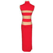 sexy dresses for women sheer mesh stripes stand collar sleeveless mid alf dress bodycon dress plus size red J4U66