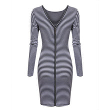 Sexy Back Zipper Long Sleeve Bodycon Dress Striped Pencil Dresses Vestidos J4U66