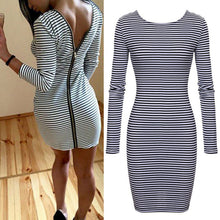 Sexy Back Zipper Long Sleeve Bodycon Dress Striped Pencil Dresses Vestidos J4U66