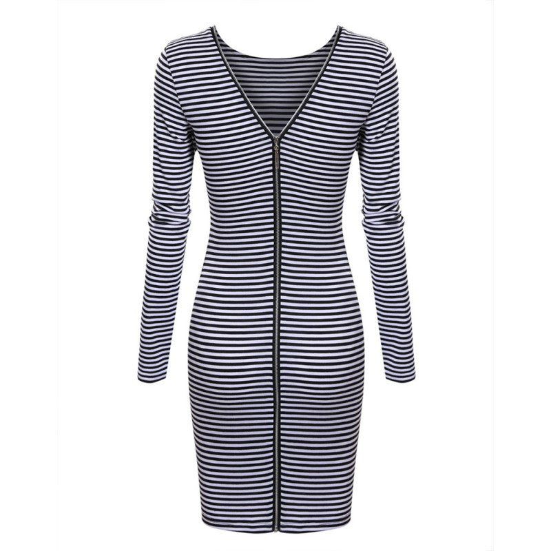 Sexy Back Zipper Long Sleeve Bodycon Dress Striped Pencil Dresses Vestidos J4U66