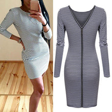 sexy women back zipper long sleeve bodycon dress striped pencil dresses vestidos J4U66