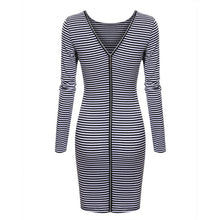 sexy women back zipper long sleeve bodycon dress striped pencil dresses vestidos J4U66
