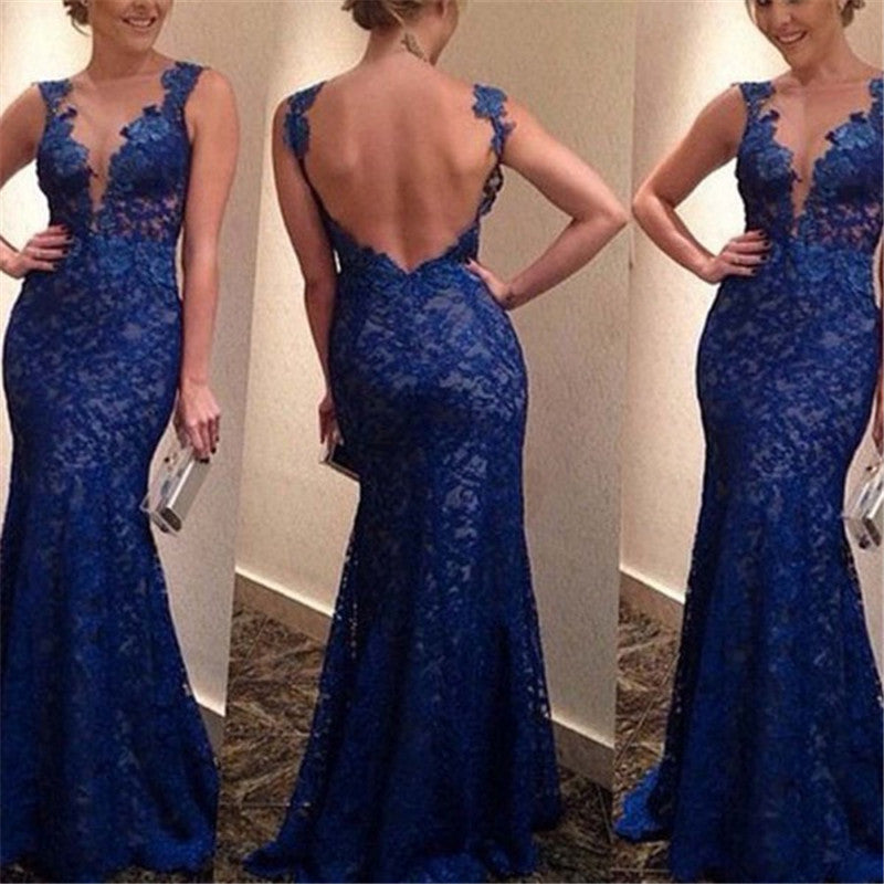 Sexy Backless Long Strapermaid Lace Formal V-Neck Party Dresses CocktailJFY66
