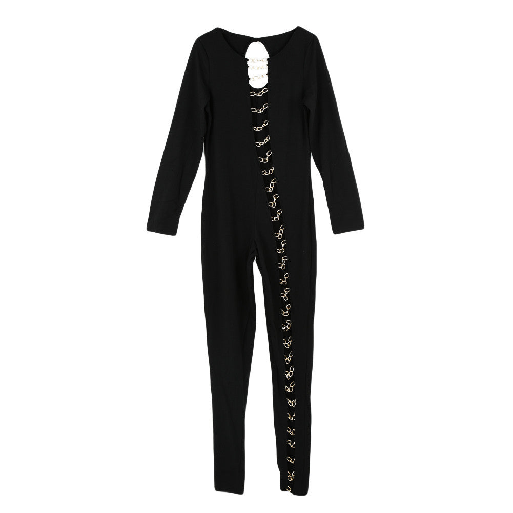 sexy women bandage jumpsuit hollow out bodycon jumpsuit round neck long sleeve club rompers plus size J4U66