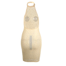 sexy women bodycon dress halter see through mesh diamond backless club high neck sleeveless party pencil mini dress khaki J4U66