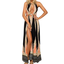 sexy women boho maxi dress stripe print rope halter neck high split sleeveless evening party dress women long dress vestidos J4U66