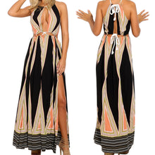 sexy women boho maxi dress stripe print rope halter neck high split sleeveless evening party dress women long dress vestidos J4U66