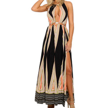 sexy women boho maxi dress stripe print rope halter neck high split sleeveless evening party dress women long dress vestidos J4U66