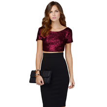 sexy women crop top sequined open back round neck women tops short sleeve solid bodycon fit sexy tee blusa J4U66