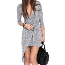 Sexy Deep V neck Long Sleeve Asymmetric Mini Dress Bodycon Dresses Y8 J4U66