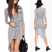 Sexy Deep V neck Long Sleeve Asymmetric Mini Dress Bodycon Dresses Y8 J4U66