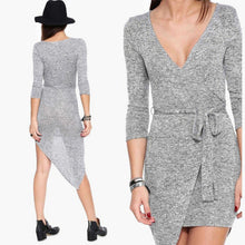 Sexy Deep V neck Long Sleeve Asymmetric Mini Dress Bodycon Dresses Y8 J4U66
