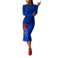 Sexy Women Flowers Elegant Print Long Sleeve Slim Bodycon Party Dresses Plus Big Size Evening Clubwear 5 Color J4U66