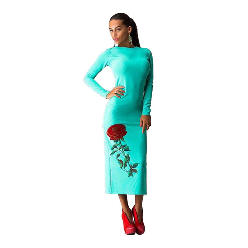 Sexy Women Flowers Elegant Print Long Sleeve Slim Bodycon Party Dresses Plus Big Size Evening Clubwear 5 Color J4U66