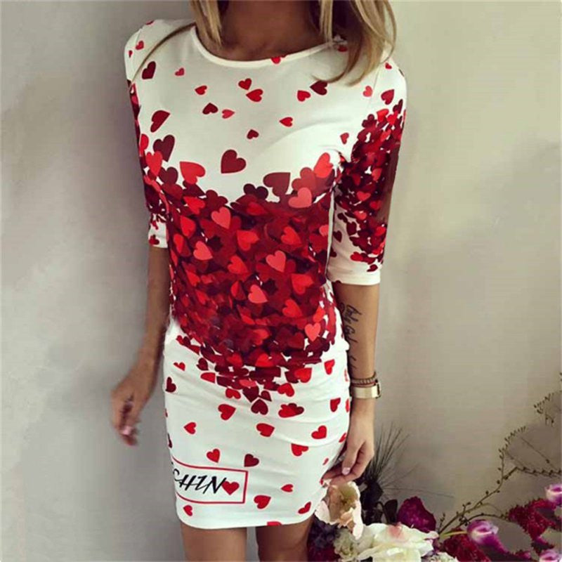Sexy Women Half Sleeve Slim Heart Pattern Floral Print Bodycon Mini Party Dress J4U66