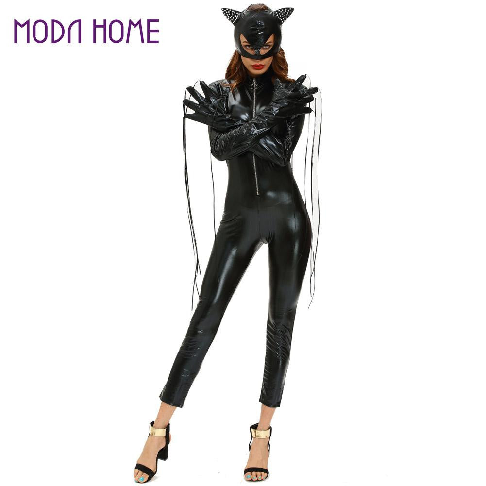 sexy women halloween themed outfits 3pcs sets costume bodycon black elfe jumpsuit long sleeve ghost clothing glove mask cosplay J4U66