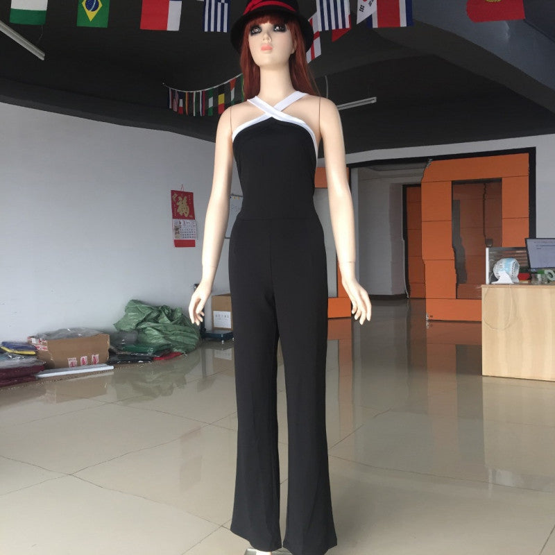 Sexy Women Halter Bodycon Elegant Playsuit Sleeveless Patchwork Black Jumpsuit Romper Trousers Clubwear J4U66