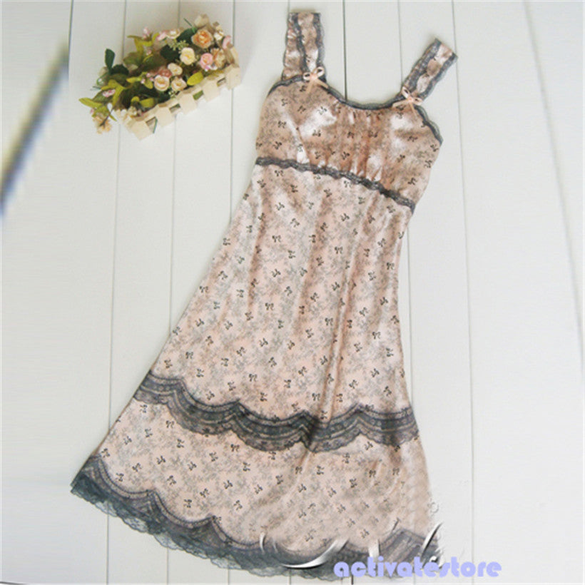 Sexy Lace Lingerie Imitated Silk Brace Sleepwear Nightgown Dress JX0093JFY66