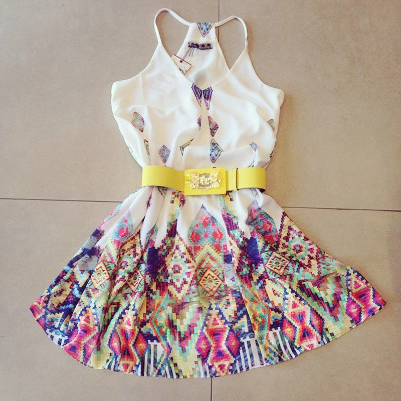 sexy women mini dress european style print spaghetti strap v neck sleeveless woman beach dress vestidos curtos white J4U66