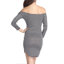 sexy women mini dress houndstooth print off shoulder three quarter sleeve side slit club bodycon dress black J4U66