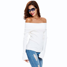 sexy women off shoulder pullover ol knitted clothing solid flare long sleeve stretchy elegant white top knitwear sweter mujer J4U66