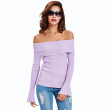 sexy women off shoulder pullover ol knitted clothing solid flare long sleeve stretchy elegant white top knitwear sweter mujer J4U66