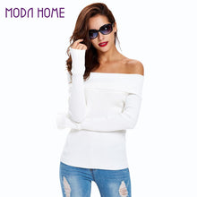 sexy women off shoulder pullover ol knitted clothing solid flare long sleeve stretchy elegant white top knitwear sweter mujer J4U66