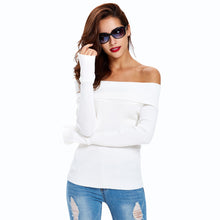 sexy women off shoulder pullover ol knitted clothing solid flare long sleeve stretchy elegant white top knitwear sweter mujer J4U66