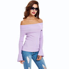 sexy women off shoulder pullover ol knitted clothing solid flare long sleeve stretchy elegant white top knitwear sweter mujer J4U66