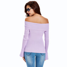 sexy women off shoulder pullover ol knitted clothing solid flare long sleeve stretchy elegant white top knitwear sweter mujer J4U66