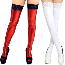 sexy women pu leathercra wet look thigh high stockings with lace stay up J4U66