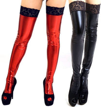 sexy women pu leathercra wet look thigh high stockings with lace stay up J4U66